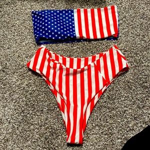 High wasted bikini red white and blue strapless swimwear size L